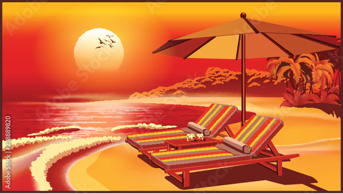 Picturesque beach umbrella and deck chairs at sunset