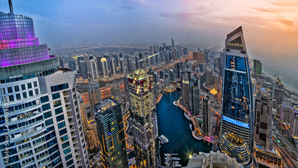 Αυτοκόλλητο Dubai skyscrapers panorama during night hours