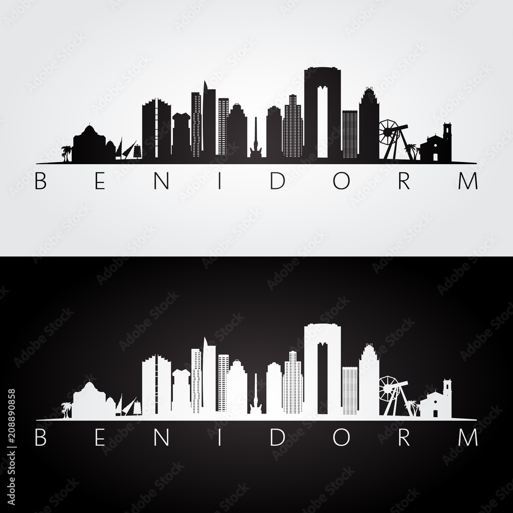 Benidorm skyline and landmarks silhouette, black and white design, vector illustration.