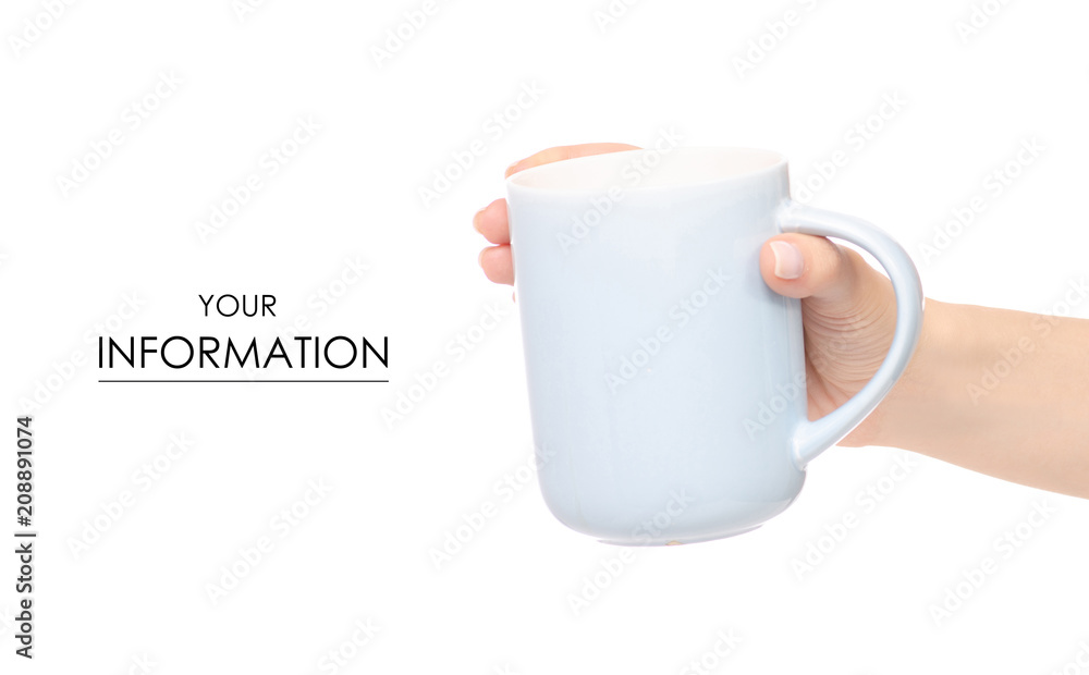 Obraz premium Blue cup mug in hand pattern on a white background isolation