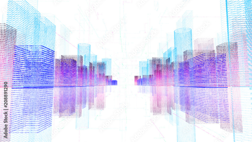 Abstract digital hologram 3D illustration of city with futuristic matrix. Digital buildings with a binary code particles network. Technology, connection and network concept. HUD background in 4K