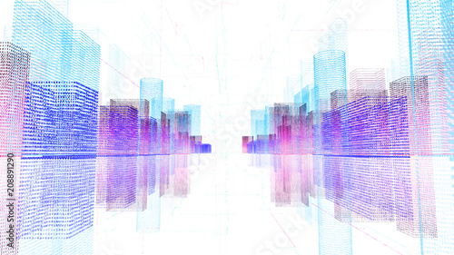 Abstract digital hologram 3D illustration of city with futuristic matrix. Digital buildings with a binary code particles network. Technology  connection and network concept. HUD background in 4K