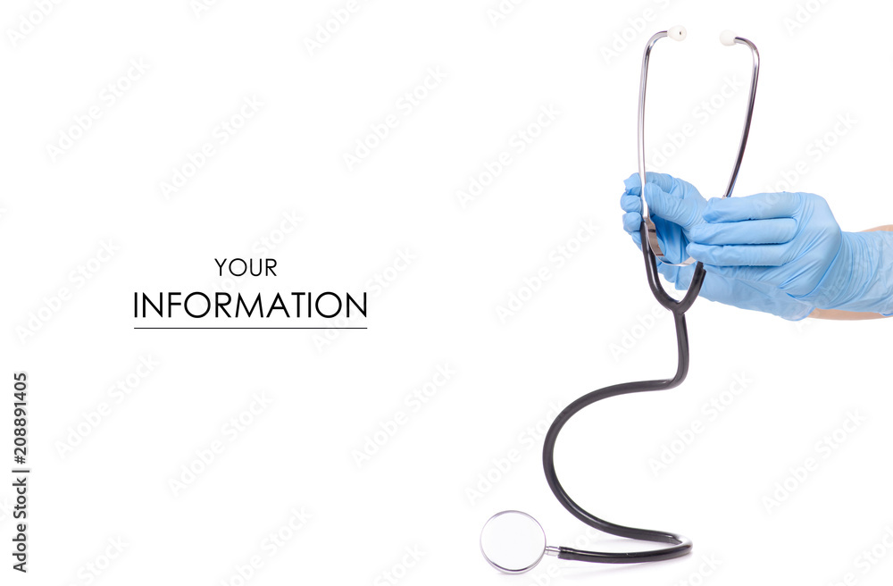 The stethoscope in hand in medical glove medicine pattern on white background isolation The stethoscope in hand in medical glove medicine pattern on white background isolation