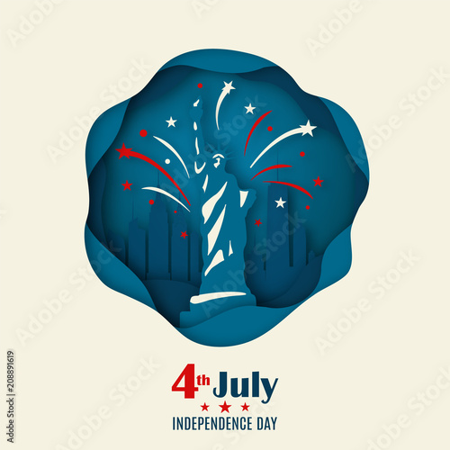 Greeting banner with Statue Of Liberty and fireworks in origami style. 4th of July. American Independence Day. Vector paper art illustration.