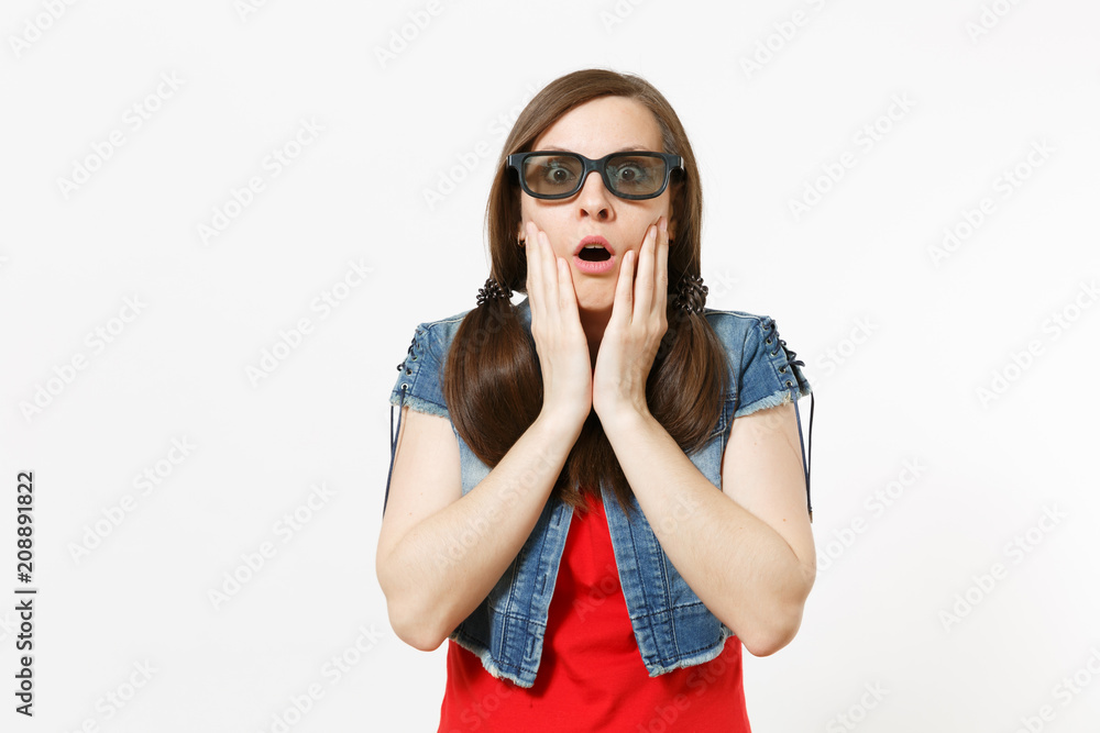 Portrait of young shocked attractive brunette woman in 3d imax glasses and casual clothes watching movie, film, clinging to face isolated in studio on white background. Emotions in cinema concept. Portrait of young shocked attractive brunette woman in 3d imax glasses and casual clothes watching movie, film, clinging to face isolated in studio on white background. Emotions in cinema concept.