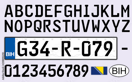 Bosnia and Herzegovina car plate, letters, numbers and symbols