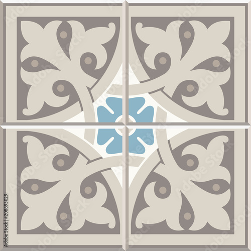 Ancient floor ceramic tiles. Flooring tiling seamless vector background. Vector illustration. Victorian English floor tiling design. Portuguese cement tiles pattern. Grey-blue and golden brown colors