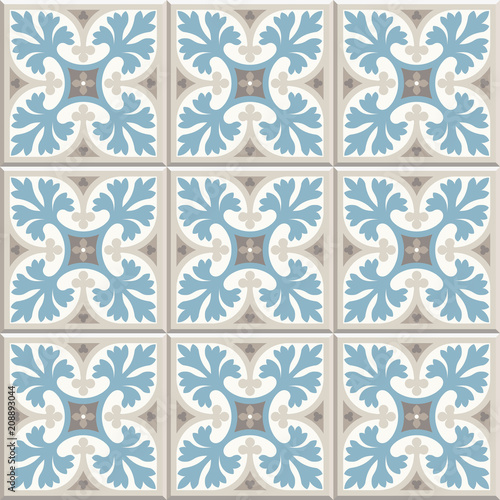 Ancient floor ceramic tiles. Flooring tiling seamless vector background. Vector illustration. Victorian English floor tiling design. Portuguese cement tiles pattern. Grey-blue and golden brown colors