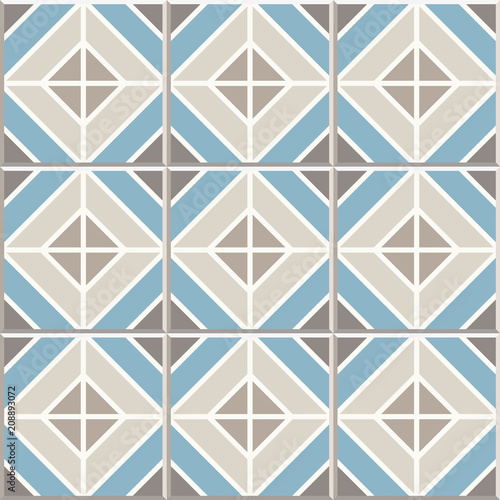 Ancient floor ceramic tiles. Flooring tiling seamless vector background. Vector illustration. Victorian English floor tiling design. Portuguese cement tiles pattern. Grey-blue and golden brown colors