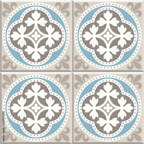 Ancient floor ceramic tiles. Flooring tiling seamless vector background. Vector illustration. Victorian English floor tiling design. Portuguese cement tiles pattern. Grey-blue and golden brown colors