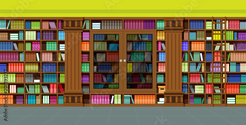 Books in the library with cabinets and stairs.