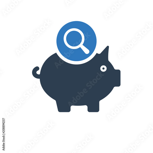 Piggy bank icon, business icon with research sign. Piggy bank icon and explore, find, inspect symbol