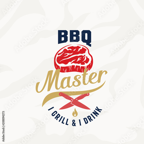 BBQ Master Vintage Vector Label, Card, Emblem or Logo Template. Retro Typography and Meat Texture. Steak Silhouette with Knives and Fire.