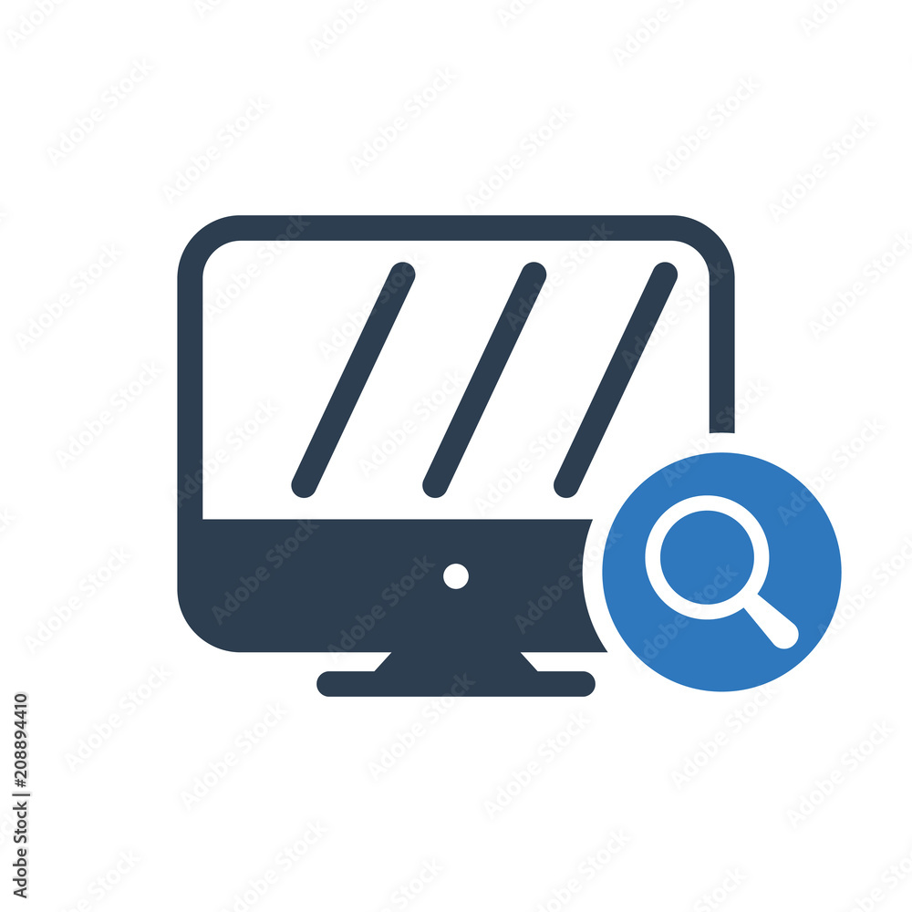 Monitor icon, technology icon with research sign. Monitor icon and explore, find, inspect symbol Monitor icon, technology icon with research sign. Monitor icon and explore, find, inspect symbol