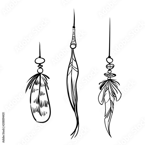 Hand drawn contour feathers. Hackles of bird Isolated on white background. Boho chic. Vector illustration.