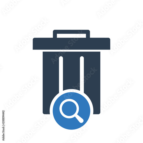 Garbage icon, Tools and utensils icon with research sign. Garbage icon and explore, find, inspect symbol