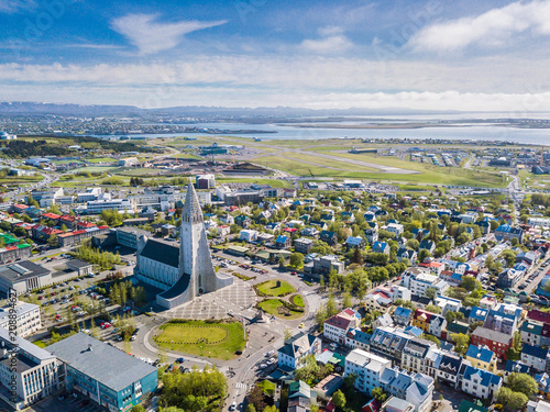 Reykjavik Iceland city scape frop the top with Hallgrimskirkja church. Aerial photo. religious building