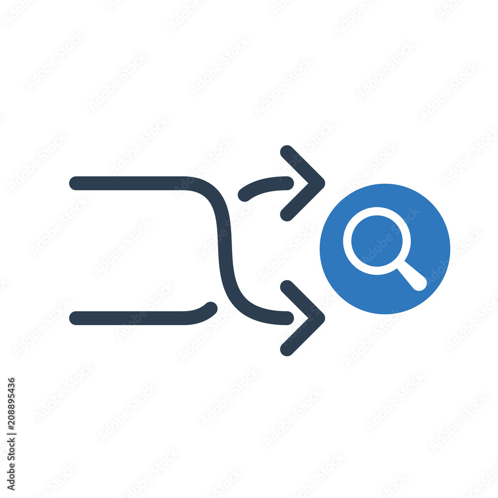 Shuffle icon, arrows icon with research sign. Shuffle icon and explore, find, inspect symbol Shuffle icon, arrows icon with research sign. Shuffle icon and explore, find, inspect symbol