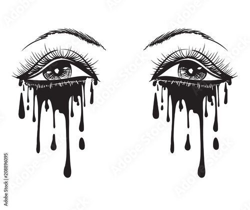 Vector beautiful illustration with crying eyes. Women's watery eyes. Eyes with flowing mascara on isolated background.
