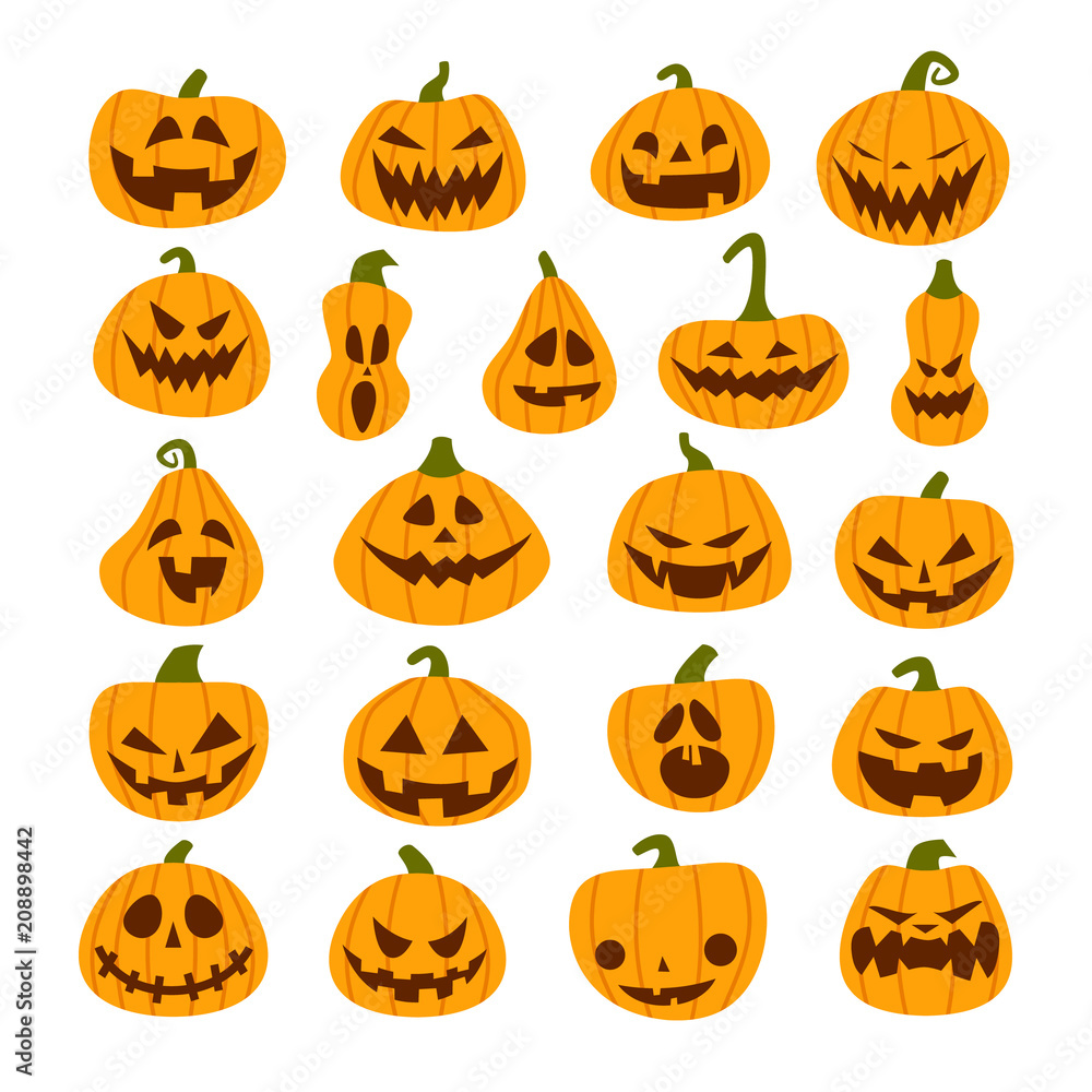 Set of Halloween scary pumpkins. Flat style spooky creepy pumpkins Set of Halloween scary pumpkins. Flat style spooky creepy pumpkins