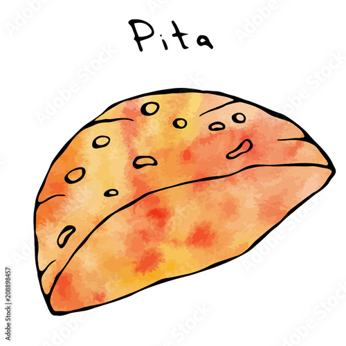 Watercolour Pita Pocket Bread. Arabic Israel Healthy Fast Food, Bakery. Jewish Street Food. Realistic Hand Drawn Illustration. Savoyar Doodle Style. photo