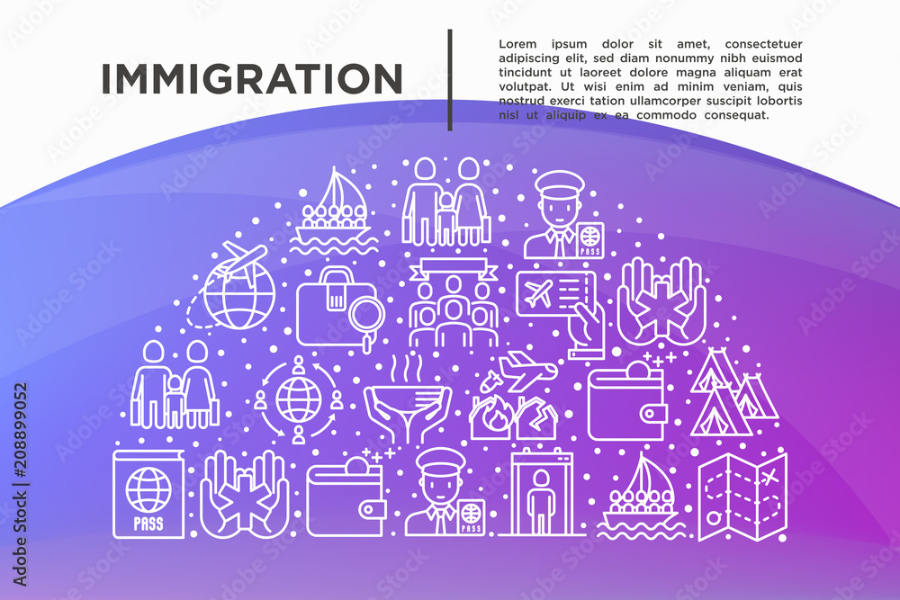 Naklejka premium Immigration concept in half circle with thin line icons: immigrants, illegals, baggage examination, passport, international flights, customs, inspection, social benefit. Modern vector illustration.