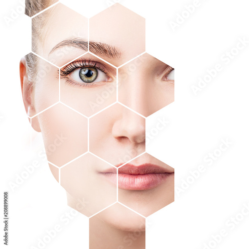 Beautiful female face in honeycombs. Spa concept.