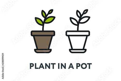 Green Plant in a Pot. Garden Interior Furniture Concept. Minimal Color Flat Line Outline Stroke Icon.