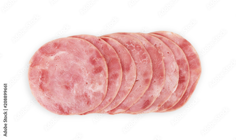 Sliced boiled ham sausage isolated on white background