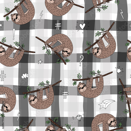 seamless pattern with cute doodle sloth print photo