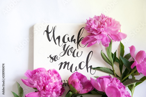 Lettering Thank you so much with pink peonies