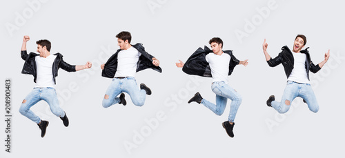 Funky joy concept. Collage picture of different pose of cheerful cool funny punk man expressing happiness jumping having fun yelling wearing casual clothes  isolated on white background full-length