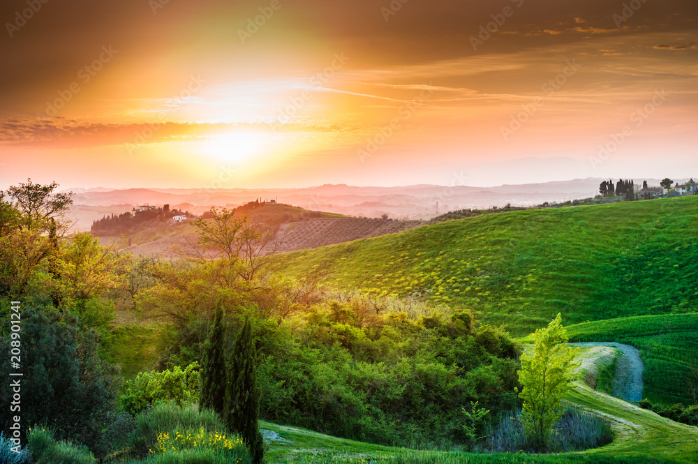 Beautiful sunset in Tuscany, Italy. Summer landscape