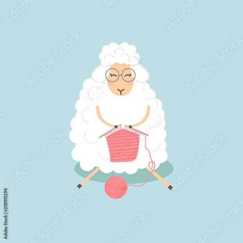 Cute Sheep with glasses is knitting. Sitting with hobby little adorable woolen animal cartoon. Vector illustration.