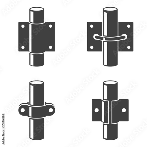 Set of four icons - different types of pipe fastening to vertical and horizontal surfaces. Vector on white background.