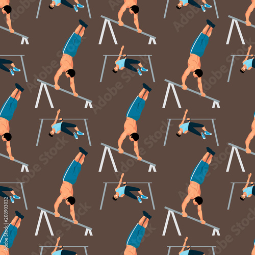 Horizontal bar chin-up strong athlete man gym exercise street workout tricks muscular fitness sport pulling up character seamless pattern background vector illustration.