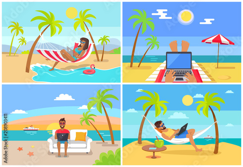 Freelance Workers at Beach near Sea with Laptops