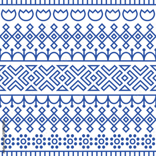 Seamless pattern inspired by scandinavian, finnish folk art. Nordic blue and white background. Repeated decoration, texture for fabric design.