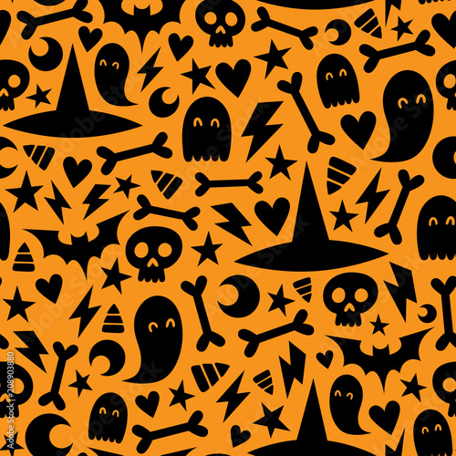 Halloween adorable bright and colorful seamless background. Pumpkin, witch hat, bones, ghost and moon autumn vector pattern. Orange and black ornament.