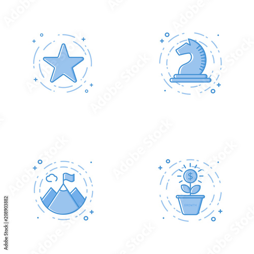 Vector business Illustration in filled bold line style. Set of outline cute and simple icons with star, chess horse, mountains and grow plant. Use in Web Project and Apps Outline isolated object