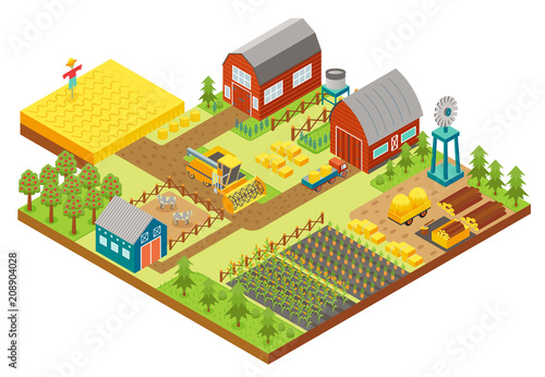Vector 3d isometric rural farm with mill, garden field, trees, tractor combine harvester, house, windmill and warehouse for app and game.