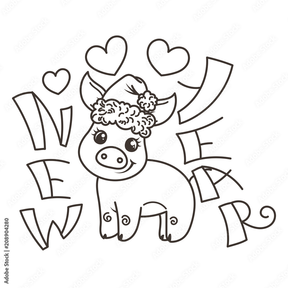 Happy New 2019 Year card with cartoon baby pig. Small symbol of holiday. Happy New 2019 Year card with cartoon baby pig. Small symbol of holiday.