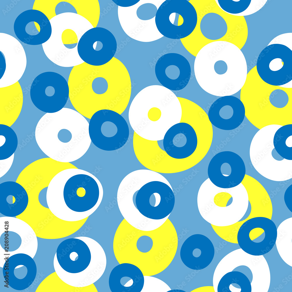 Repeated colored circles. Geometric seamless pattern with round shapes drawn by hand.