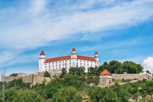 Bratislava, Slovakia - May 24, 2018: View of Bratislava castle which occupies a prominent location in the city overlooking the Danube river. 