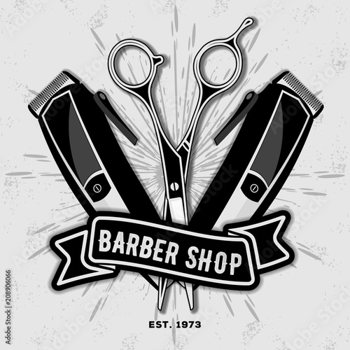 Barber shop vintage label, badge, or emblem with scissors and hair clipper on gray background. Haircuts and shaves. Vector illustration