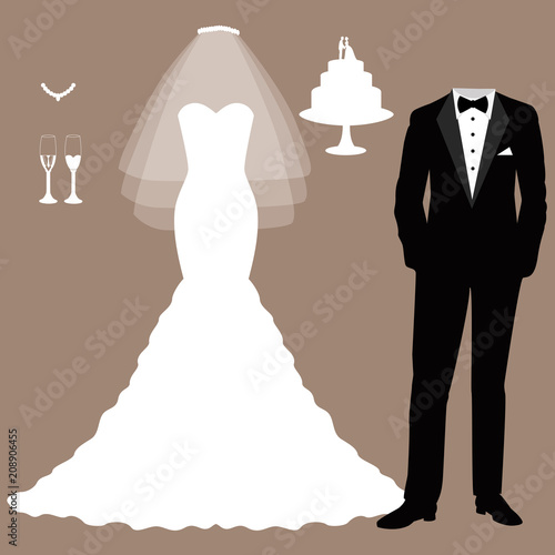Wedding card with the clothes of the bride and groom. 