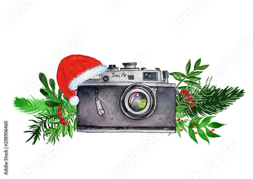Watercolor Christmas bouquet with camera.