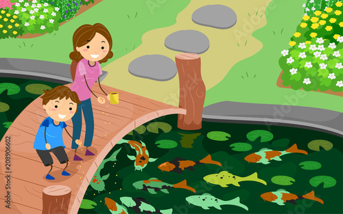 Stickman Kid Mom Feed Koi Fishes Illustration