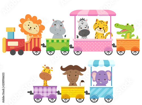 Canvas Print Zoo Animals Colorful Train Illustration