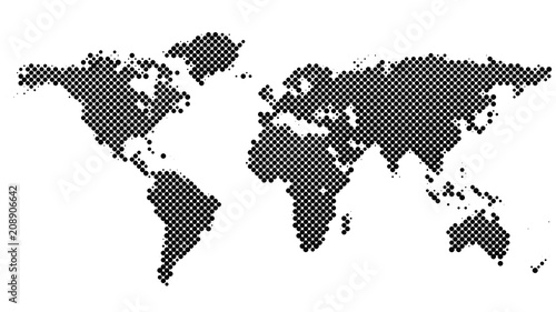 Halftone dot pattern world map background - vector graphic design